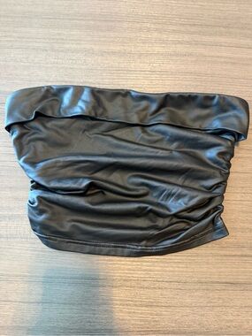 Sleek Black Faux Leather Strapless Ruched Tube Top